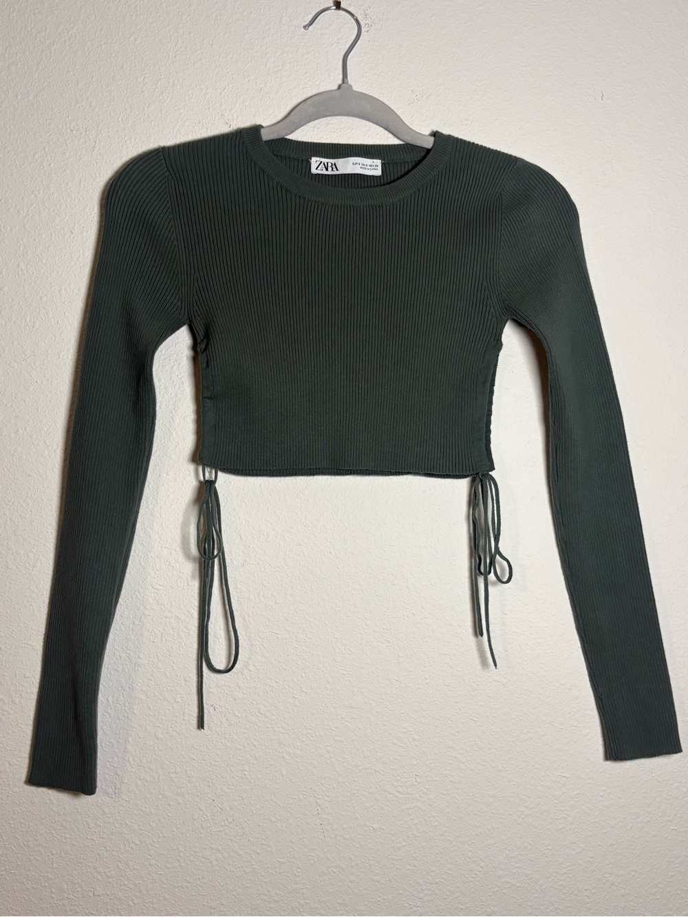 Zara Dark Olive Ribbed Long Sleeve Crop Top with Side Ties